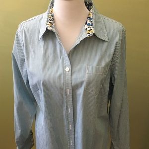 L L Bean floral accent blue striped shirt